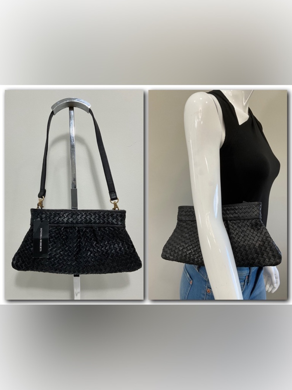 SONDRA ROBERTS Black Woven Leather Baguette Shoulder Bag Y2K Mini Purse